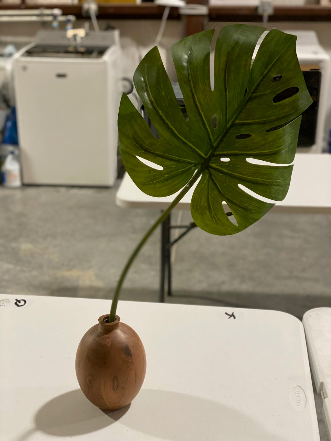 Small Wooden Vase with Faux Monstera Leaf